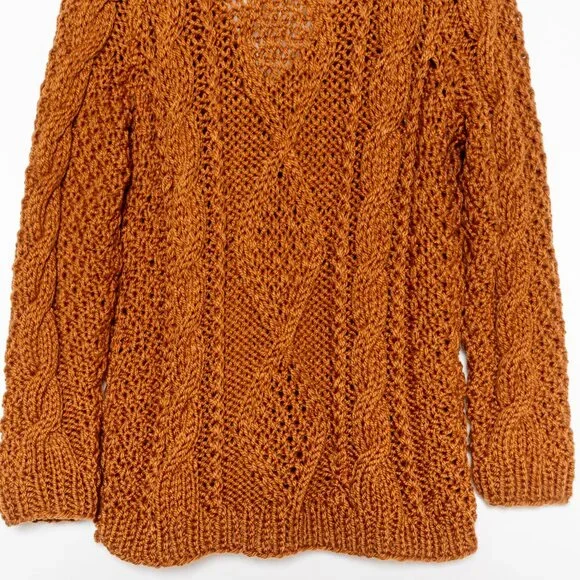 SOLD - Vintage Brown Cable Knit Hand Knit Button V Neck Cardigan - Size L - Picture 7 of 9